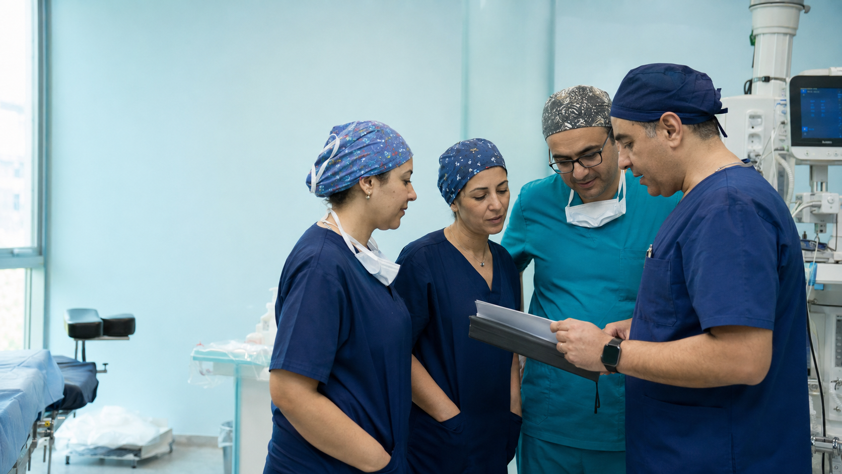 Équipe tunisienne de médecins anesthésistes réunie dans un environnement clinique